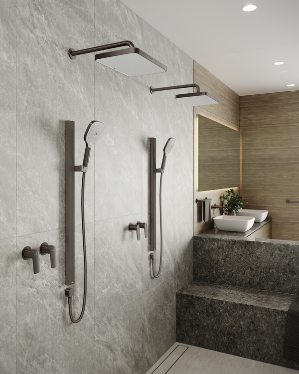 Villeroy & Boch Infinity Rail Sets and Infinity Overhead Shower in Gun Metal